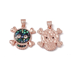 Black Halloween Natural Shell Pendants, Skull Charms, Dyed, with Rack Plating Rose Gold Tone Brass Findings, Long-Lasting Plated, Black, 19.5x18.5x3mm, Hole: 4x3.5mm