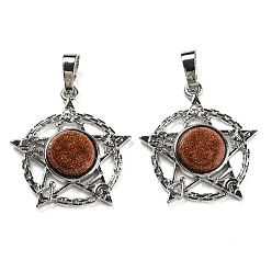 Камень с Пылевым Золотом Синтетические голдстоуновские подвески, подвеска в виде стойки из латуни со звездой, платина, без кадмия и без свинца, 27.5x25.5x7~8 мм, отверстие : 8x5 мм