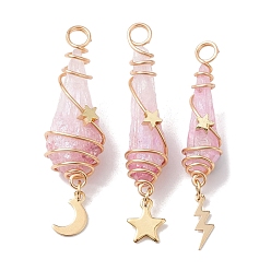 Pink 3Pcs 3 Styles Electroplated Natural Quartz Crystal Copper Wire Wrapped Pendants, TearDrop Charms with Golden Tone Alloy Moon & Star & Sun & Lightning Bolt, Pink, 44.5~48.5x8~10.5x6.5~13mm, Hole: 4mm, about 1pc/style