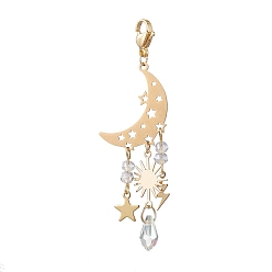 Light Gold Alloy with Glass Pendant Decorations, Moon & Star & Sun & Lightning, Light Gold, 70mm