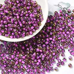 Magenta Glass Seed Beads, Half Plated, Inside Colours, Round Hole, Round, Magenta, 4x3mm, Hole: 1.4mm, 5000pcs/pound
