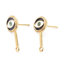 Black Brass Enamel Stud Earring Findings, with Loop, Evil Eye, Long-Lasting Plated, Real 18K Gold Plated, Cadmium Free & Lead Free, Black, 18.5x8.5mm, Hole: 1.2mm, Pin: 0.8mm