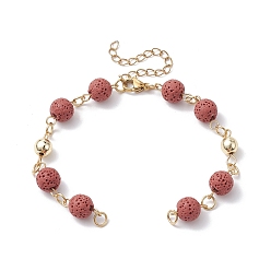 Indian Red Dyed Natural Lava Rock Round Beaded Chain Bracelet Making, with Golden 304 Stainless Steel Findings, Fit for Connector Charms, Indian Red, 6-3/4 inch(17cm)