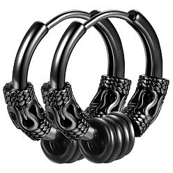 Black 304 Stainless Steel Beaded Hoop Earrings, Dragon Pattern, Black, 14x2.5mm