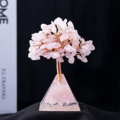 Rose Quartz Natural Rose Quartz Chips Tree Decorations, Resin & Gemstone Chip Pyramid Base with Copper Wire Feng Shui Energy Stone Gift for Home Office Desktop Decorations, 95x40mm