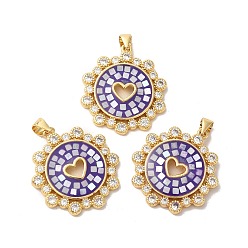 Сине-фиолетовый Латунные микро проложить кубического циркония подвески, с эмалью и ракушкой, долговечный, без свинца и без кадмия, реальный 18 k позолоченный, сердце с круглой тартаном, синий фиолетовый, 29x25x3 мм, отверстие : 4x5 мм