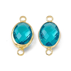 Blue Zircon Transparent K9 Glass Connector Charms, with Light Gold Plated Brass Findings, Faceted, Oval Links, Blue Zircon, 21.5x10.5x5.5mm, Hole: 2mm