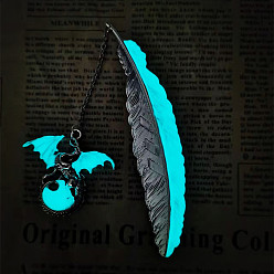 Silver Luminous Brass Feather Bookmark, Dragon Pendant Bookmark, Glow in The Dark, Silver, 115mm