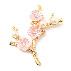 Pink Zinc Alloy Cabochons, with Plastic Imitation Pearls and Rhinestones, Flower Branch, Pink, 53x48.5x7.6mm