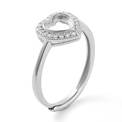 Real Platinum Plated Heart Adjustable 925 Sterling Silver Ring Components, with Cubic Zirconia, Open Bezel Setting, Real Platinum Plated, Inner Diameter: 17mm