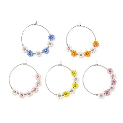 Mixed Color Flower Glass Seed Wine Glass Charms, with 316 Surgical Stainless Steel Hoop Earring Findings, Mixed Color, 38~39x30~35mm