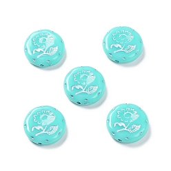 Turquoise Opaque Acrylic Beads, Metal Enlaced, Flat Round with Flower Pattern, Turquoise, 17.5~18x5~5.5mm, Hole: 1.8mm, about 399pcs/500g