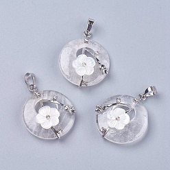 Quartz Crystal Natural Quartz Crystal Pendants, Rock Crystal Pendants, with Shell, Rhinestone and Platinum Tone Brass Findings, Flat Round with Flower, 35.5~36x28x8mm, Hole: 5x8mm
