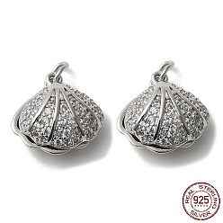 Real Platinum Plated Rhodium Plated 925 Sterling Silver Charms, with Cubic Zirconia & Jump Ring & S925 Stamp, Shell Charm, for Half Drilled Beads, Real Platinum Plated, 10.5x10.5x5.5mm, Hole: 2mm