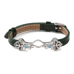 Темно-Зеленый Регулируемый браслет из коровьей кожи для изготовления бусин, с фурнитурой в виде цветов из латуни, инкрустированной микрофиброй и синтетическим бирюзовым камнем, и застежками из нержавеющей стали., цвет нержавеющей стали, темно-зеленый, пригодный для 304 мм бусы, 11 дюйм (9.61 см)