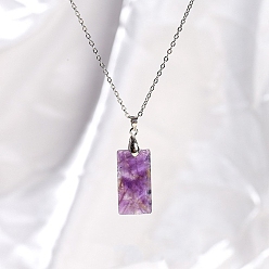 Amethyst Natural Amethyst Rectangle Pendant Necklaces, Stainless Steel Cable Chain Necklaces for Women, 15.75 inch(40cm)