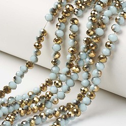 Light Blue Electroplate Opaque Glass Beads Strands, Half Golden Plated, Faceted, Rondelle, Light Blue, 8x6mm, Hole: 1mm, about 72pcs/strand, 16.14 inch(41cm)