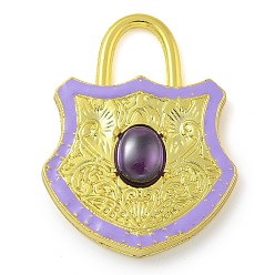 Лиловый Стеклянные подвески из латуни с покрытием стойки, с эмалью, долговечный, без свинца и без кадмия, реальный 18 k позолоченный, запирать, сирень, 40x30x5.5 мм, отверстие : 9x8 мм