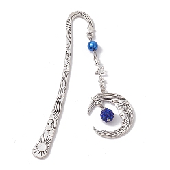 Medium Blue Alloy Moon Pendant Bookmark, Tibetan Style Alloy Hook Bookmarks, with Glass Pearl, Medium Blue, 112mm