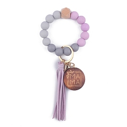 Plum Silicone Beaded Wristlet Keychain, with Imitation Leather Tassel and Word Mama Board, for Women Car Key or Bag Decoration, Plum, 20cm