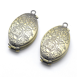 Brushed Antique Bronze Brass Locket Pendants, Photo Frame Charms for Necklaces, Cadmium Free & Nickel Free & Lead Free, Oval with Flower, Brushed Antique Bronze, 35x20x9mm, Hole: 2mm, Inner Size: 13x23mm
