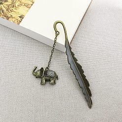 Elephant Glow in The Dark Bookmark, Luminous Alloy Feather Shape Bookmark, Pendant Bookmark, Antique Bronze, Elephant Pattern, 115mm