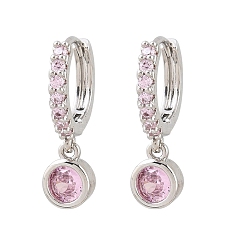 Pink Латунные серьги-кольца с микропаве из кубического циркония, круглые, платина, розовые, 15x14x2.5 мм