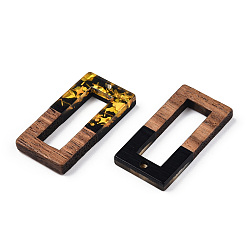 Black Opaque Resin & Walnut Wood Pendants, Hollow Rectangle Charms with Paillettes, Black, 28x14.5x3.5mm, Hole: 1.8mm
