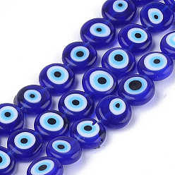 Blue Handmade Evil Eye Lampwork Beads Strands, Flat Round, Blue, 9.5x3.5mm, Hole: 1.2mm, about 38pcs/strand, 14.1 inch~14.5 inch