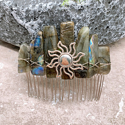 Labradorite Sun Wire Wrapped Natural Labradorite Hair Combs, with Iron Combs, Hair Accessories for Women Girls, 100x100mm
