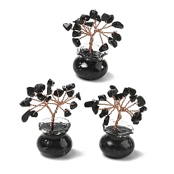 Obsidian Natural Obsidian Chips Tree of Life Decorations, with Glass Pot Base & Copper Wire, Feng Shui Energy Stone Gift for Home Desktop Decoration, 26x52~56mm