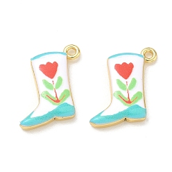 Turquoise Printed Brass Pendants, Cowboy Boot with Tulip Charms, Rack Plating, Long-Lasting Plated, Lead Free & Cadmium Free, Real 18K Gold Plated, Turquoise, 19x15x3.5mm, Hole: 1.7mm