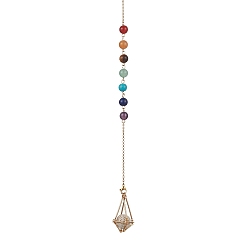 Golden Chakra Mixed Synthetic & Natural Round Gemstone Pointed Dowsing Pendulums, Brass Macrame Pouch Stone Holder, Golden, 264mm