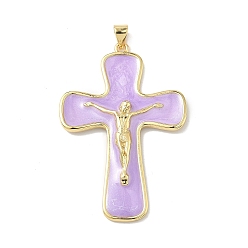Лиловый Латунь эмаль подвески, крест прелести, долговечный, без кадмия и без свинца, стойки покрытие, реальный 18 k позолоченный, сирень, 46x31x5 мм, отверстие : 3.5x5 мм