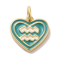 Aquarius Real 18K Gold Plated Brass Enamel Pendants, with Jump Ring, Heart with Constellation Charm, Aquarius, 12x13x1.5mm, Hole: 3.4mm