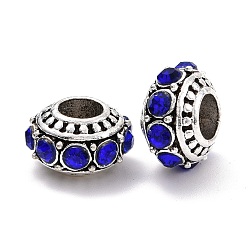 Sapphire Alloy European Beads, with Rhinestone, Large Hole Beads, Rondelle, Antique Golden, Sapphire, 13x7mm, Hole: 5mm