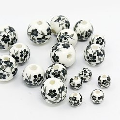Black Handmade Printed Flower Porcelain Beads, Round, Black & White, 6~12mm, Hole: 2mm