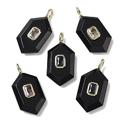Обсидиан Ограненные подвески из натурального обсидиана, шестиугольные подвески с латунными микропаве и фианитами кубического циркония случайного цвета, золотые, 32x15.5x7 мм, отверстие : 4x2 мм