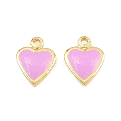 Perle rosa Messing Emaille-Anhänger, Herzanhänger, Gestell, langlebig überzogen, Bleifrei und cadmium frei, echt 18 k vergoldet, Perle rosa, 7.5x6x1.5 mm, Bohrung: 0.8 mm