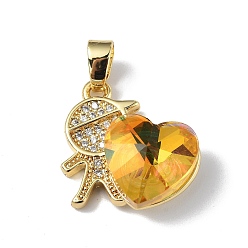 Gold Real 18K Gold Plated Rack Plating Brass Micro Pave Clear Cubic Zirconia Pendants, with Glass, Long-Lasting Plated, Cadmium Free & Lead Free, Boy with Heart Charm, Gold, 19.5x18x7.5mm, Hole: 5.5x3.5mm