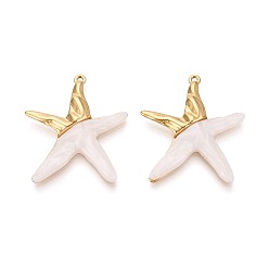 Creamy White 304 Stainless Steel and Resin Pendants, Starfish Charm, Ion Plating(IP), Real 18K Gold Plated, Creamy White, 36x31x4.5mm, Hole: 1.6mm