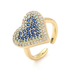 Темно-Синий Кольца-манжеты в форме сердца из латуни с микропаве из кубического циркония для женщин, без кадмия и без свинца, стойки покрытие, реальный 18 k позолоченный, темно-синий, 15.4~16.8 мм