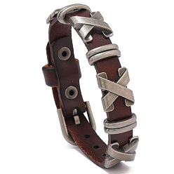 Saddle Brown Cowhide Leather Cord Bracelet with Alloy Criss Cross Beaded, Adjustable Bracelet, Saddle Brown, 9-1/2 inch(24cm)