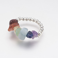 Mixed Stone Natural Gemstone Chip Stretch Rings, with Brass Beads, Silver Color Plated, 19mm