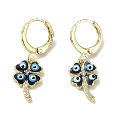 Clover Evil Eye Real 18K Gold Plated Brass Dangle Leverback Earrings, with Enamel and Cubic Zirconia, Clover, 29x9.5mm