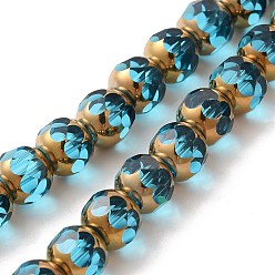 Голубой Прозрачные стеклянные бусины гальваническим пряди, половина золотым покрытием, граненые, круглые, голубой, 8 мм, отверстие : 1 мм, около 40 шт / нитка, 11.42 дюйм (29 см)