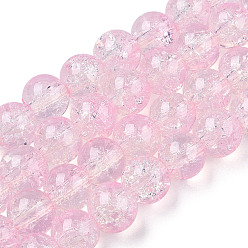Pink Transparent Crackle Baking Painted Glass Beads Strands, Imitation Opalite, Round, Pink, 8.5x7.5mm, Hole: 1.5mm, about 107~109pcs/strand, 30.71 inch~31.30 inch(78~79.5cm)