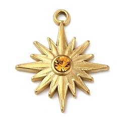 Goldenrod Real 18K Gold Plated 304 Stainless Steel Pendants, with Glass, Sun Charms, Goldenrod, 20x17x3mm, Hole: 1.5mm
