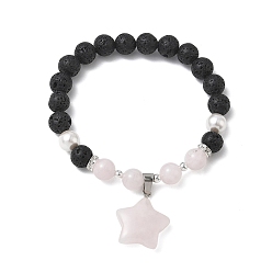 Звезда Браслеты с подвесками из натурального мадагаскарского розового кварца, лавовой породы и жемчуга из ракушек., круглые браслеты из бисера для женщин, С немагнитным синтетическим гематитом, звезда, внутренний диаметр: 1.97 дюйм (5 см)