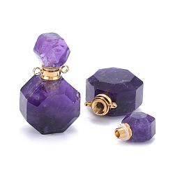 Amethyst Faceted Natural Amethyst Openable Perfume Bottle Pendants, with 304 Stainless Steel Findings, Golden, 34~36x20~22x12~13mm, Hole: 1.8mm, Bottle Capacity: 1ml(0.034 fl. oz)